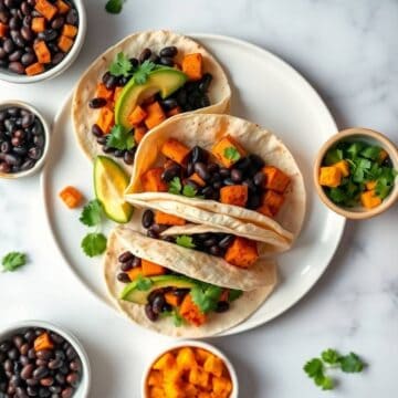 Vegan black bean and roasted sweet potato tacos with fresh avocado and cilantro.