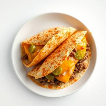 Delicious cheeseburger quesadilla with melted cheese, ground beef, and green peppers. Perfect for a.