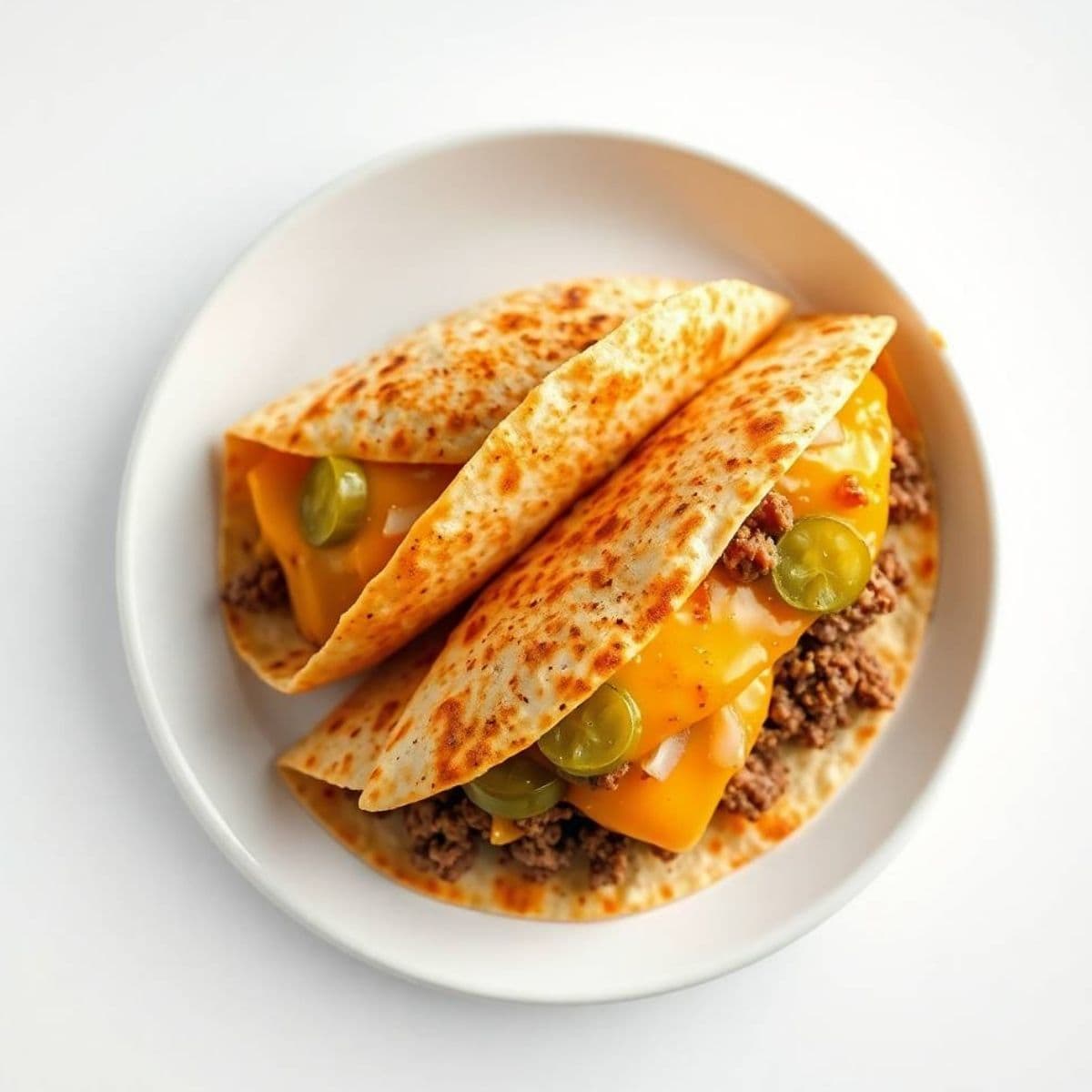 Delicious cheeseburger quesadilla with melted cheese, ground beef, and green peppers. Perfect for a.