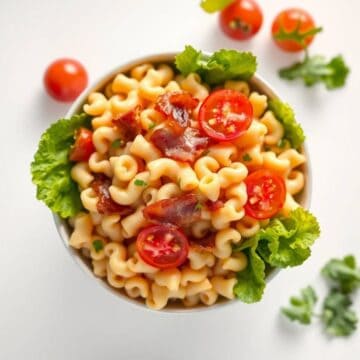 Delicious BLT macaroni salad with cherry tomatoes and crispy bacon.