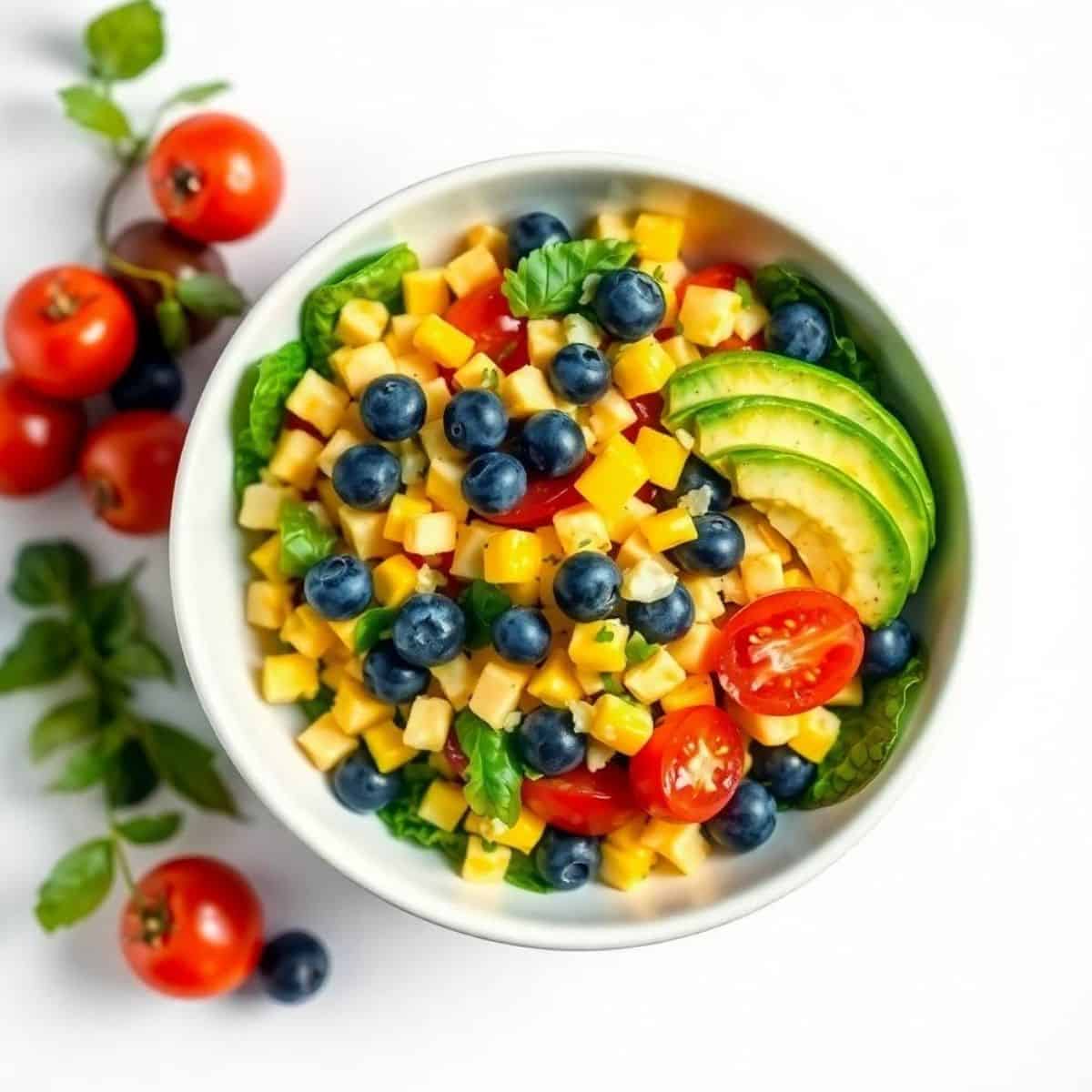 Fresh blueberry, corn, and avocado chopped salad in a white bowl.