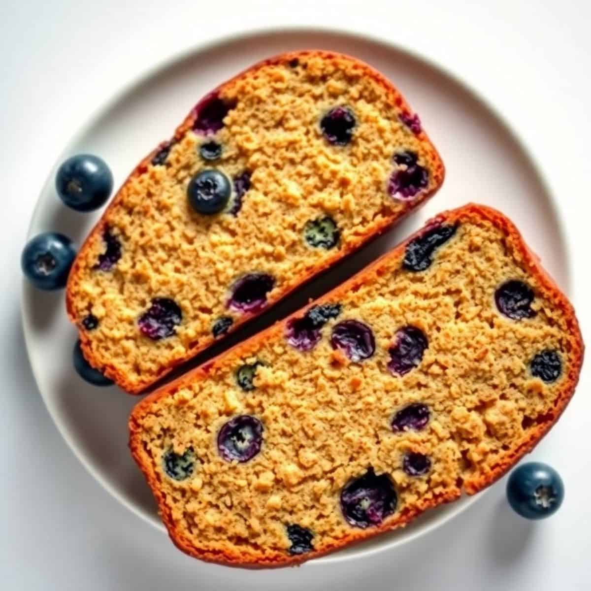 Blueberry zucchini bread with fresh blueberries and shredded zucchini on a white plate.
