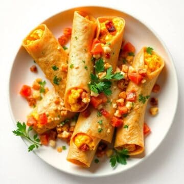 Delicious breakfast taquitos filled with scrambled eggs, cheese, and diced vegetables, garnished wit.