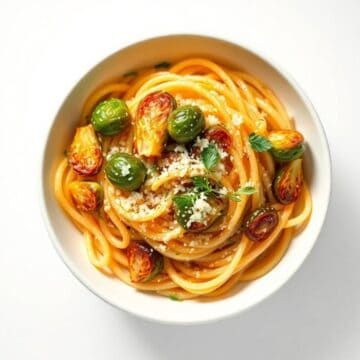 Delicious Brussels sprouts and Parmesan cheese pasta dish, perfect for a healthy and flavorful meal.