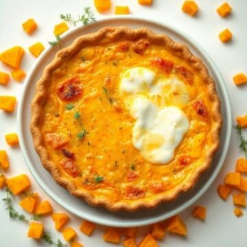 Delicious butternut squash quiche with a flaky crust and creamy filling. Perfect for brunch or dinne.