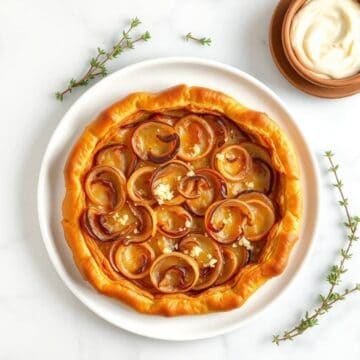 Delicious caramelized onion and Gruyère cheese tart, perfect for savory snacks or elegant appetizers.