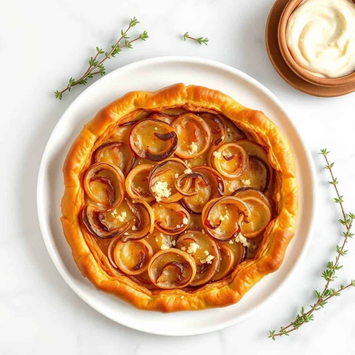 Delicious caramelized onion and Gruyère cheese tart, perfect for savory snacks or elegant appetizers.