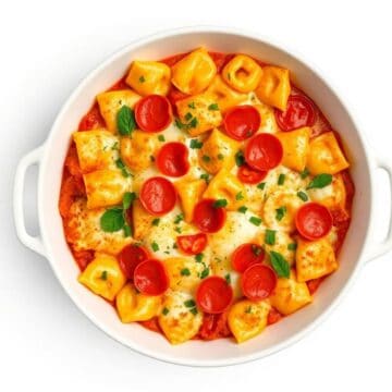 Delicious cheese tortellini with pepperoni and melted cheese in a flavorful pizza casserole. Perfect.