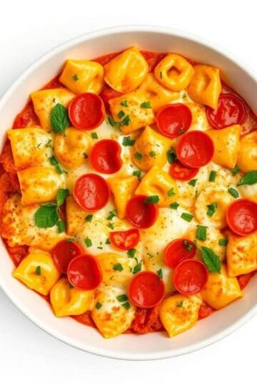 Delicious cheese tortellini with pepperoni and melted cheese in a flavorful pizza casserole. Perfect.