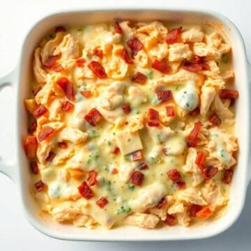 Delicious chicken bacon ranch casserole with melted cheese and crispy bacon bits. Perfect comfort fo.