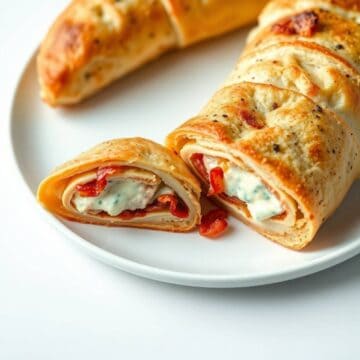 Delicious chicken bacon ranch stromboli with melted cheese and crispy bacon slices.