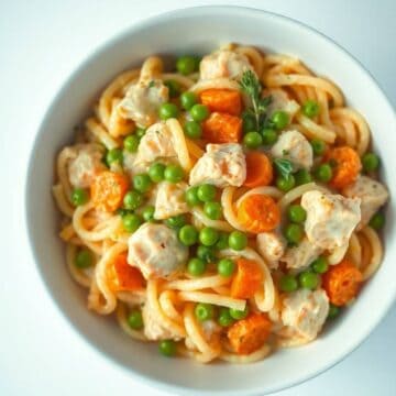 Delicious chicken pot pie pasta with tender chicken, carrots, peas, and creamy sauce. Perfect comfor.