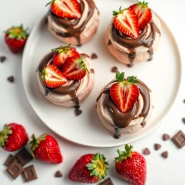 Delicious chocolate-covered strawberry buttercreams topped with fresh strawberries. Perfect for dess.