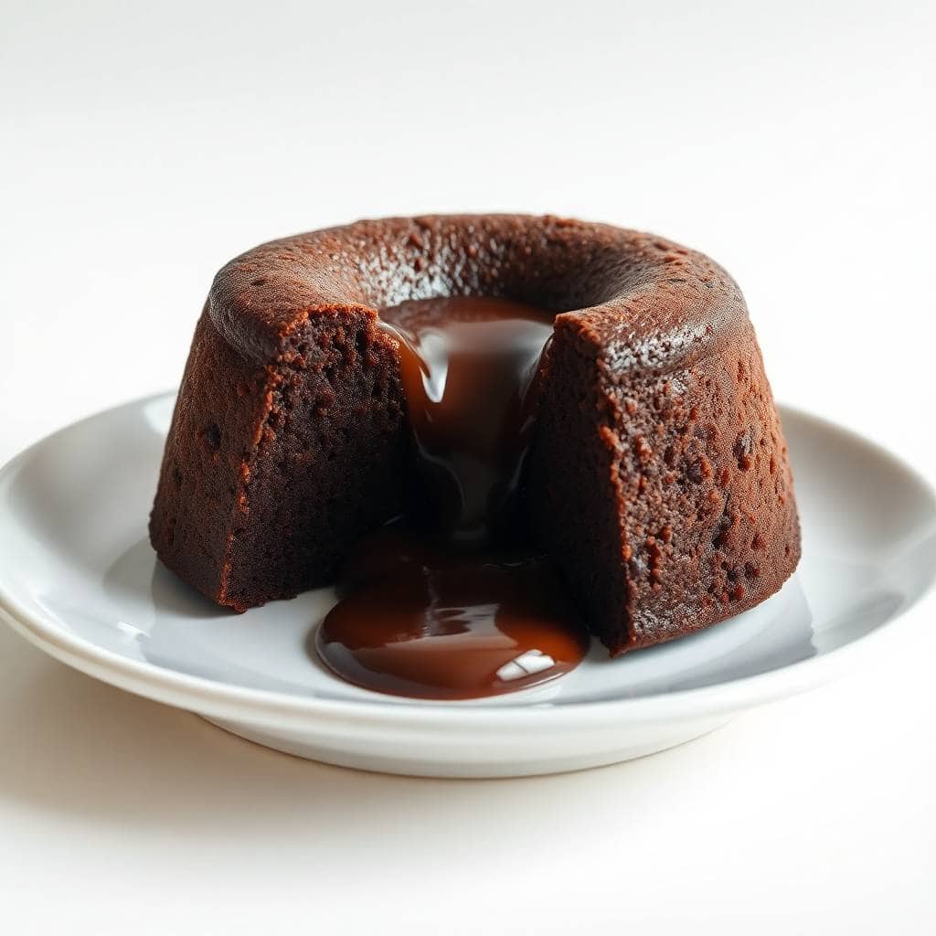 chocolate lava cake inverted on plate with molten chocolate center flowing