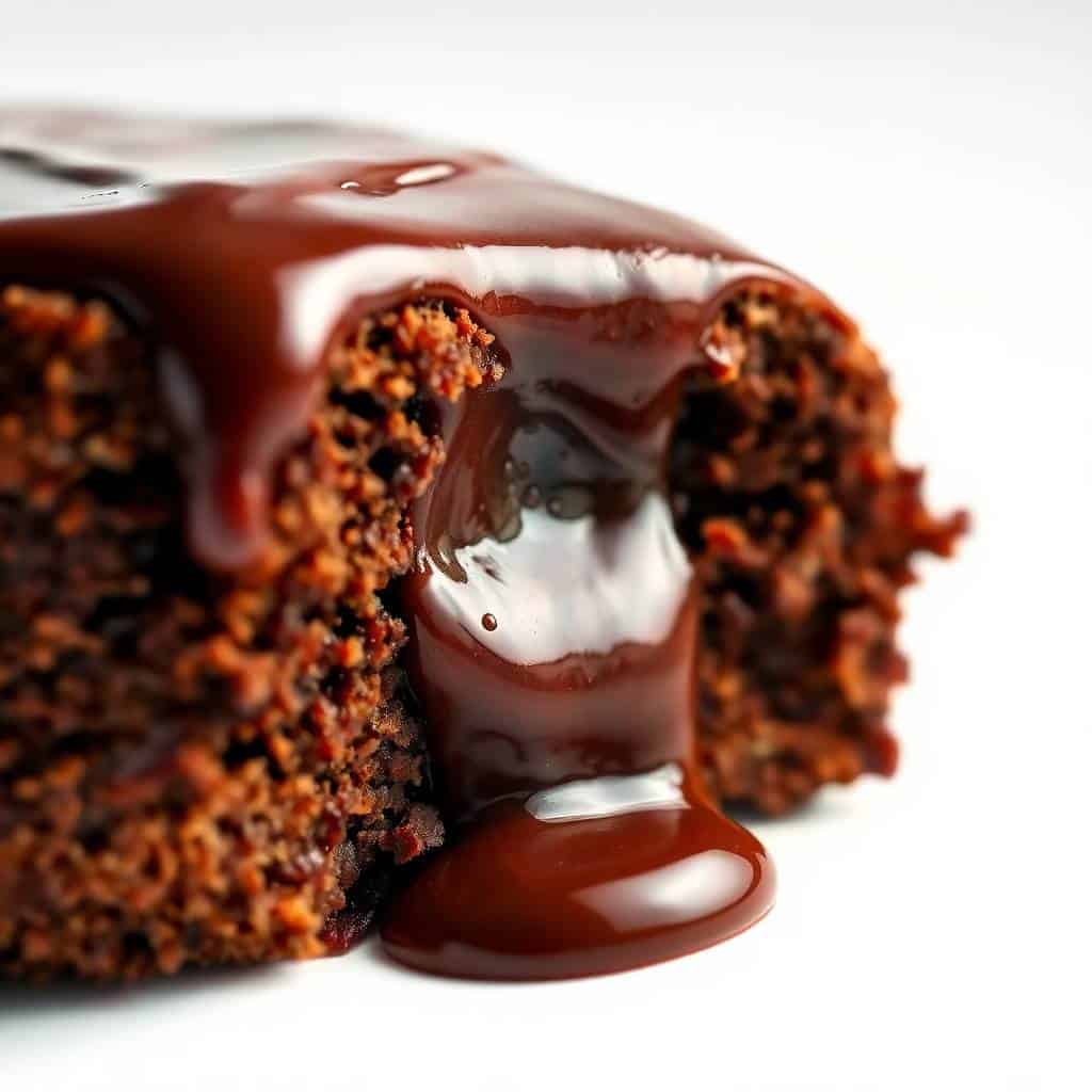 chocolate lava cake with gooey center and powdered sugar on white plate