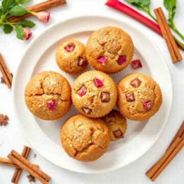 Delicious cinnamon rhubarb muffins with fruity chunks and a golden crust. Perfect for breakfast or s.