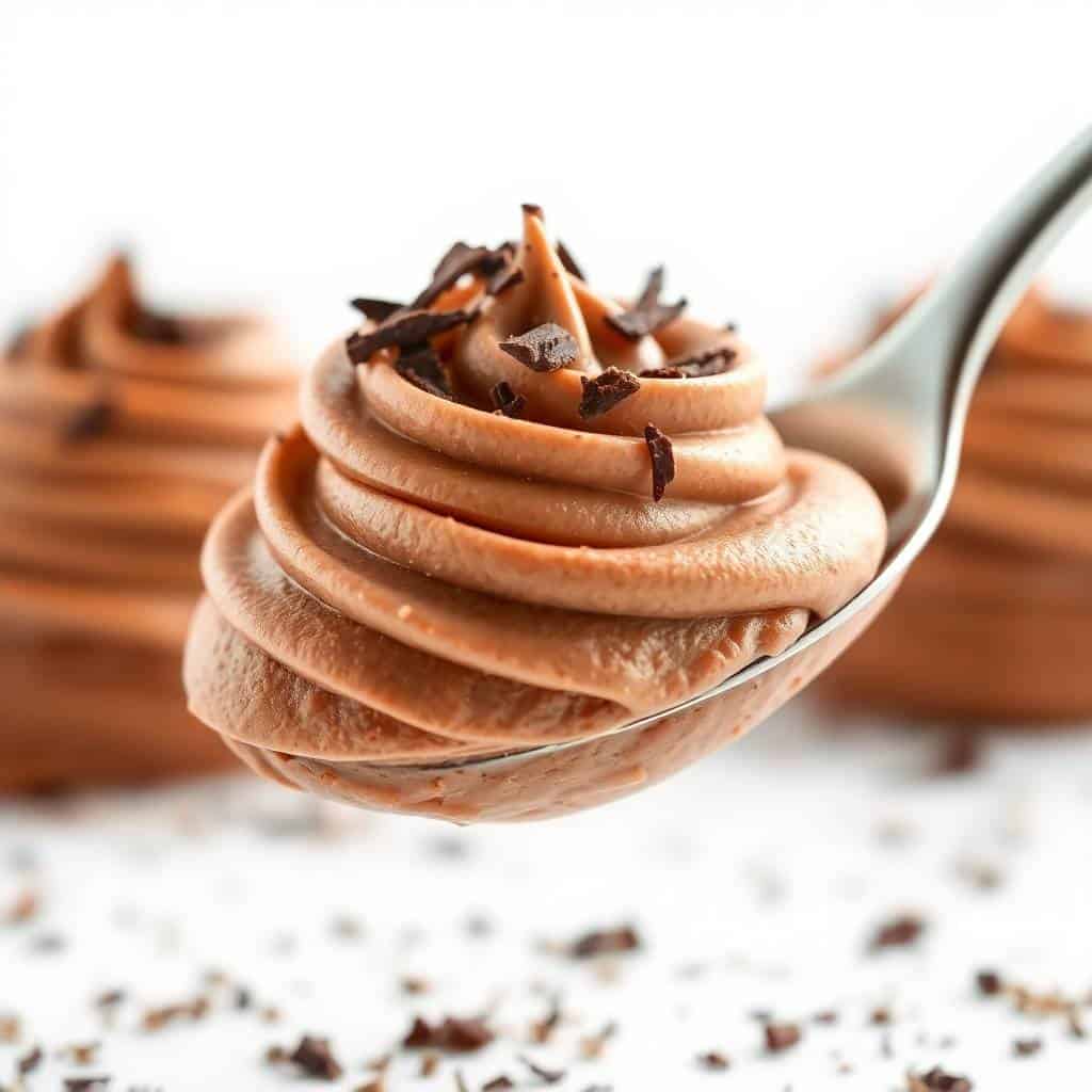 Creamy chocolate mousse piped on spoon, garnished with chocolate shavings and caramel drizzle.