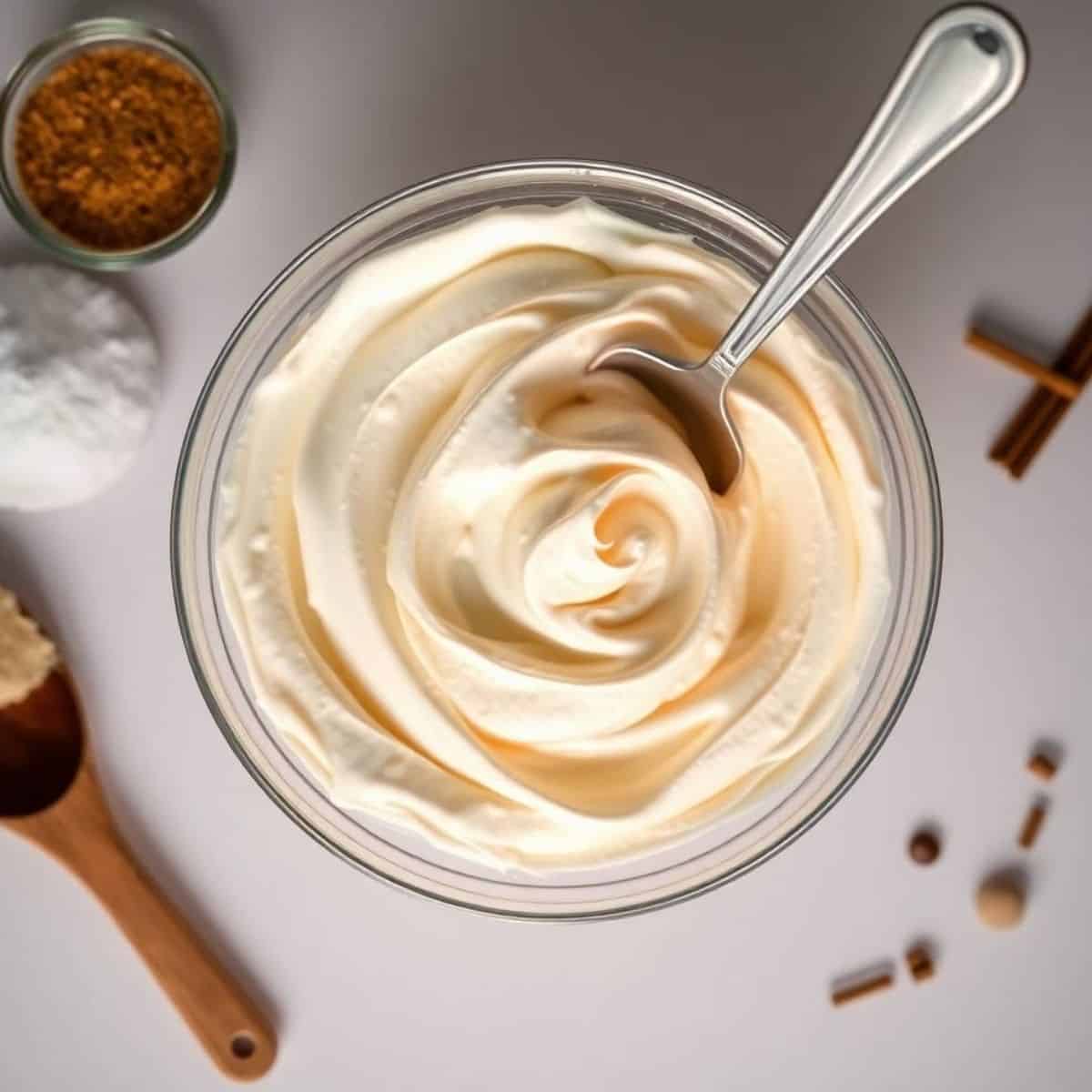 Smooth and fluffy Cool Whip frosting in a glass bowl with a spoon.