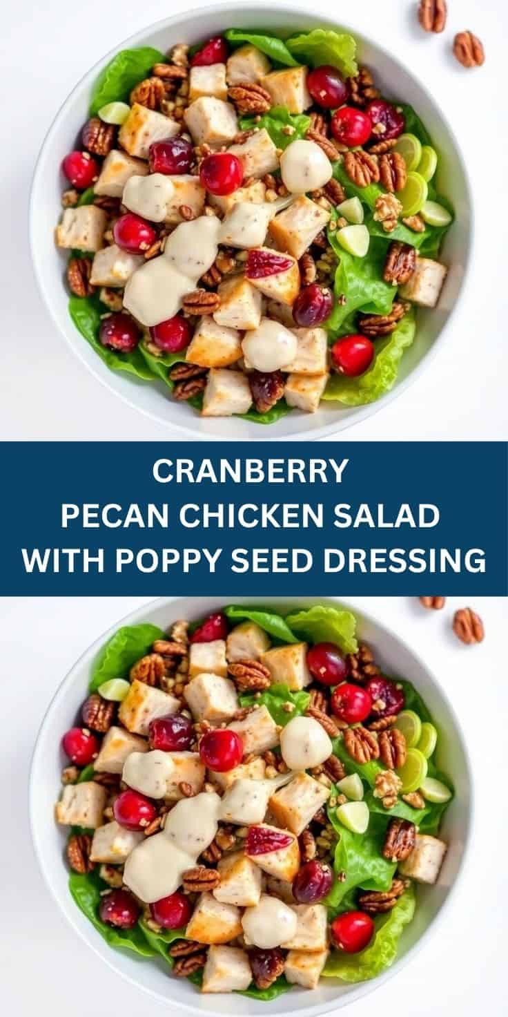 Cranberry pecan chicken salad with white cheese, green lettuce, and pecans in white bowl.