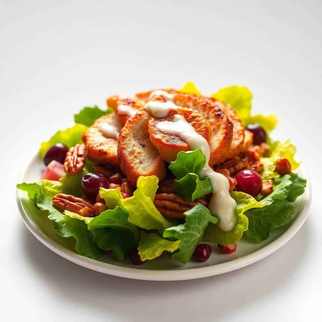 Cranberry pecan chicken salad on mixed greens with white poppy seed dressing drizzle, served on white plate.
