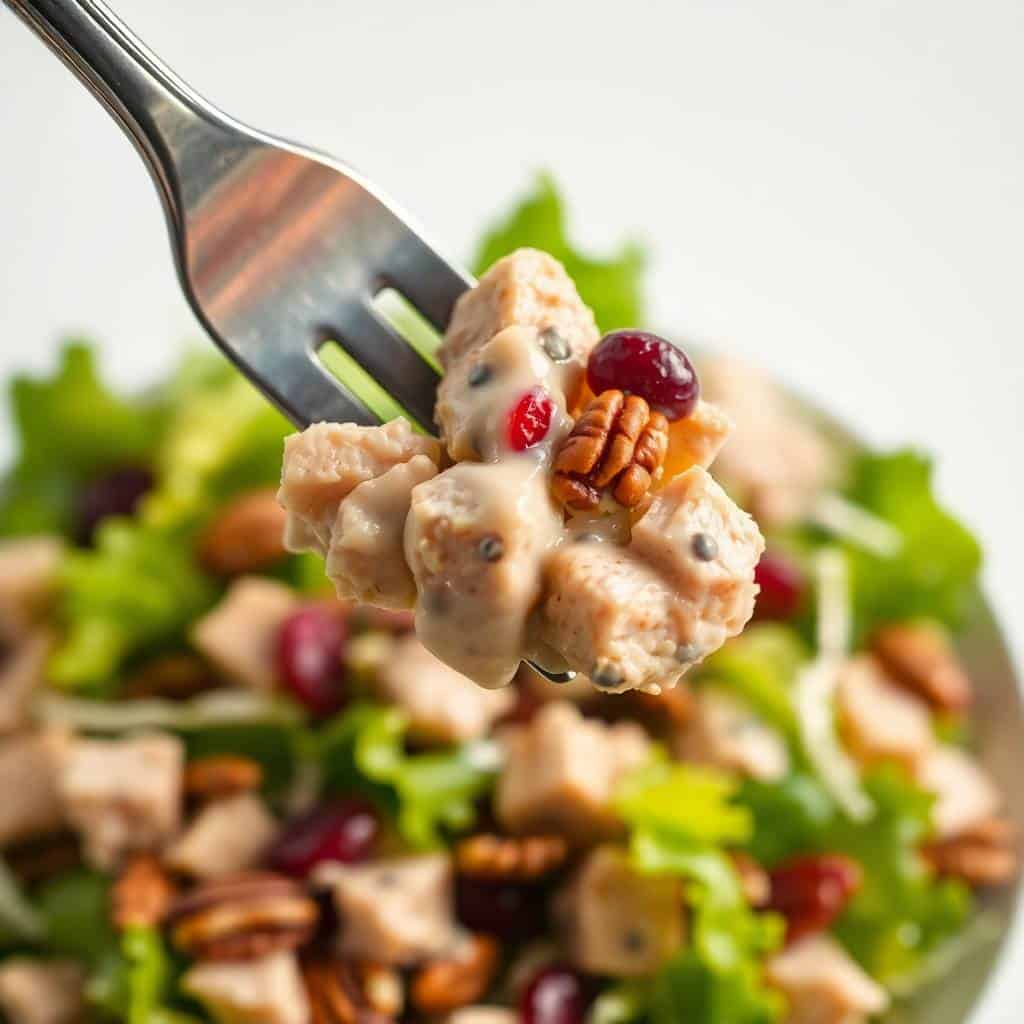 Fork holding cranberry pecan chicken salad with lettuce and nuts visible in blurred background bowl.