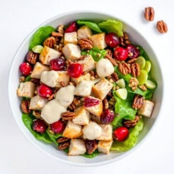 Fresh cranberry pecan chicken salad with creamy poppy seed dressing and crisp greens.