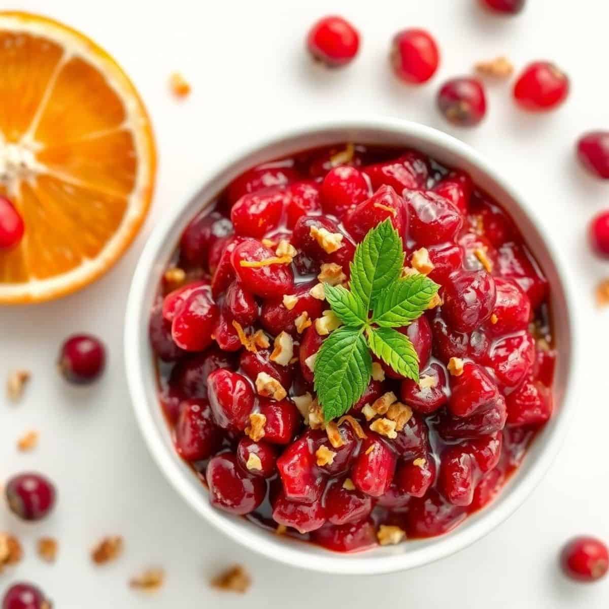 Bowl of homemade cranberry relish garnished with mint and chopped nuts.