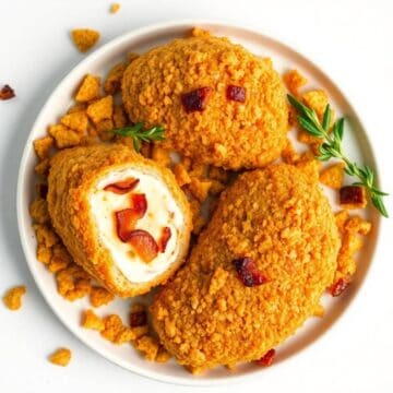 Delicious stuffed chicken with cream cheese and bacon inside crispy Doritos coating. Perfect appetiz.