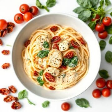 Delicious creamy chicken Tuscan pasta with sun-dried tomatoes and basil in a white bowl.