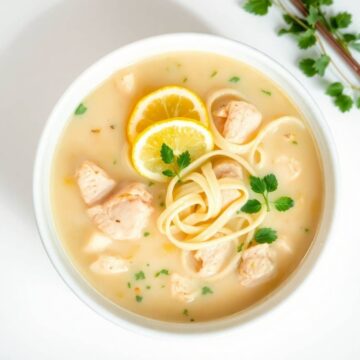 Creamy lemon chicken noodle soup with fresh herbs and lemon slices.