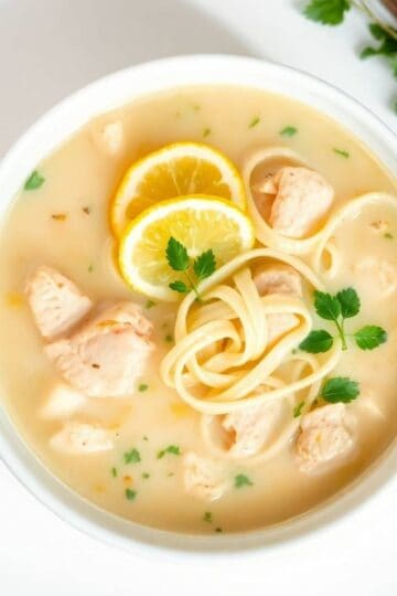 Creamy lemon chicken noodle soup with fresh herbs and lemon slices.