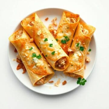 Delicious baked chicken taquitos topped with cheese and cilantro on a white plate.