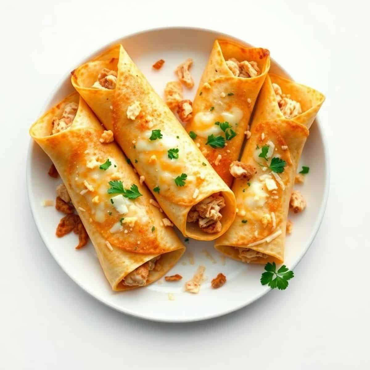 Delicious baked chicken taquitos topped with cheese and cilantro on a white plate.