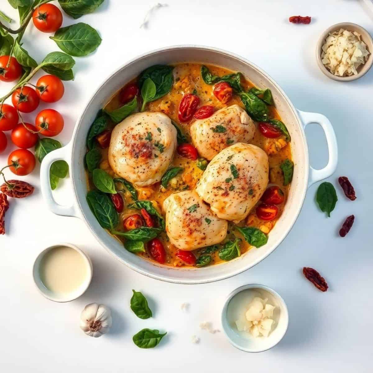 Creamy Tuscan Chicken skillet with cherry tomatoes and spinach in a rich sauce.