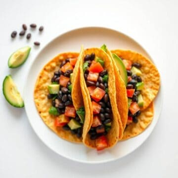 Crispy black bean tacos with fresh vegetables on a white plate.