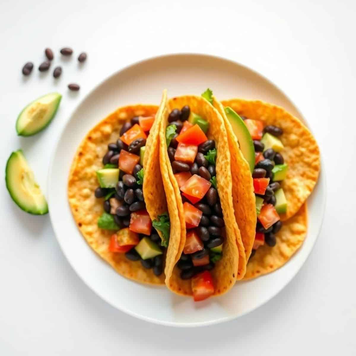 Crispy black bean tacos with fresh vegetables on a white plate.