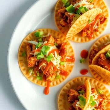Crispy chicken wonton tacos topped with cheese, cilantro, and sauce on a white plate.