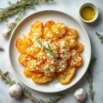 Crispy smashed potatoes topped with Parmesan cheese and herbs on a white plate.