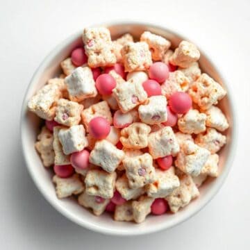 Cupid Chow recipe with colorful cereal and pink candies in a bowl.