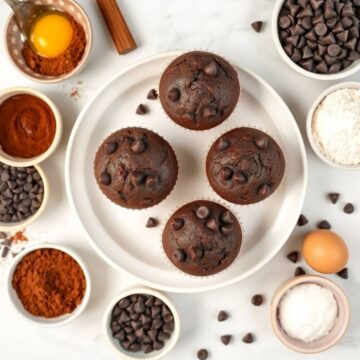 Delicious double chocolate muffins topped with chocolate chips, perfect for dessert or snack.