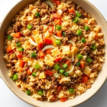 Hamburger rice casserole with vegetables and cheese, ready to serve.