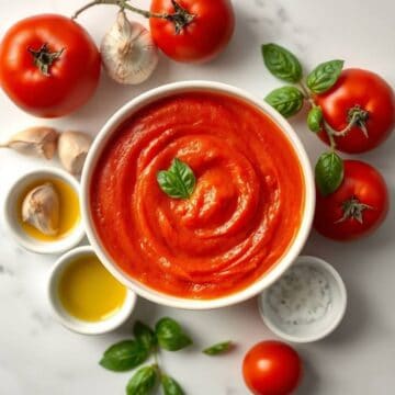 Homemade tomato pizza sauce with fresh ingredients and basil.