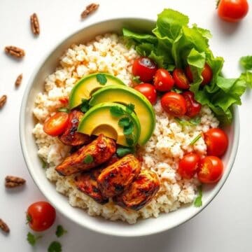 Healthy low carb BBQ chicken bowl with fresh vegetables and cauliflower rice.