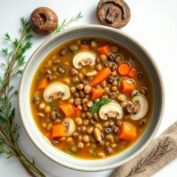 French Lentil and Mushroom Soup with carrots and herbs in a bowl.