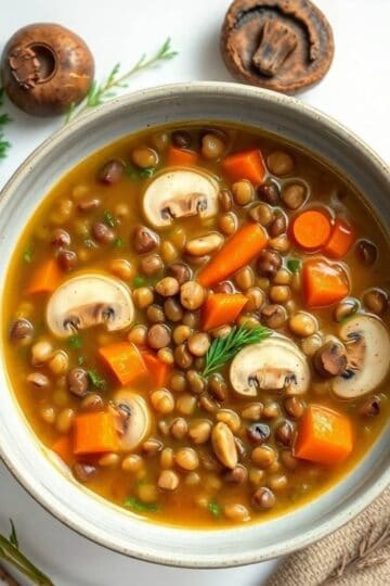 French Lentil and Mushroom Soup with carrots and herbs in a bowl.