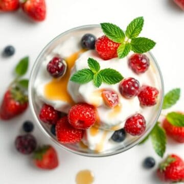 Delicious frozen yogurt topped with fresh strawberries, blueberries, raspberries, and mint leaves.