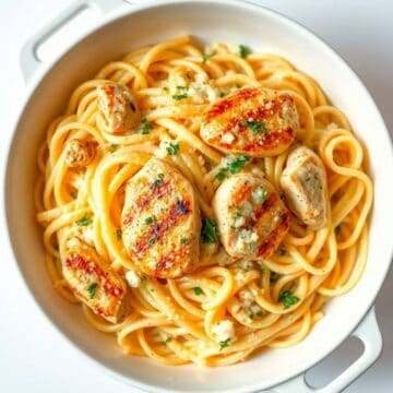 Delicious garlic Parmesan chicken pasta with tender chicken pieces and creamy cheese sauce. Perfect.