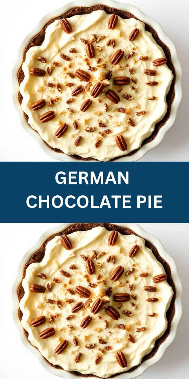Creamy German chocolate pie topped with pecans and coconut.