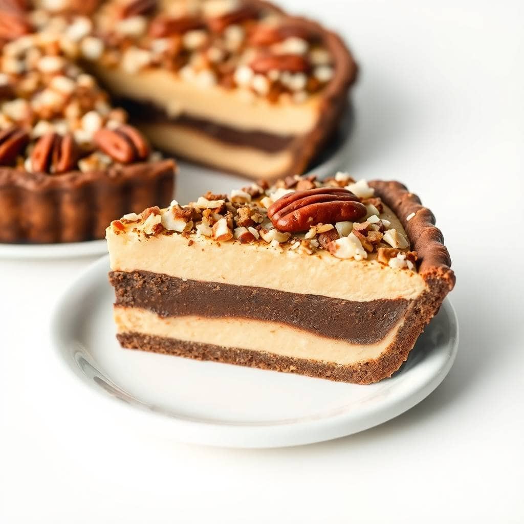 Rich German chocolate pie with layers of coconut, pecans, and chocolate on a white plate.