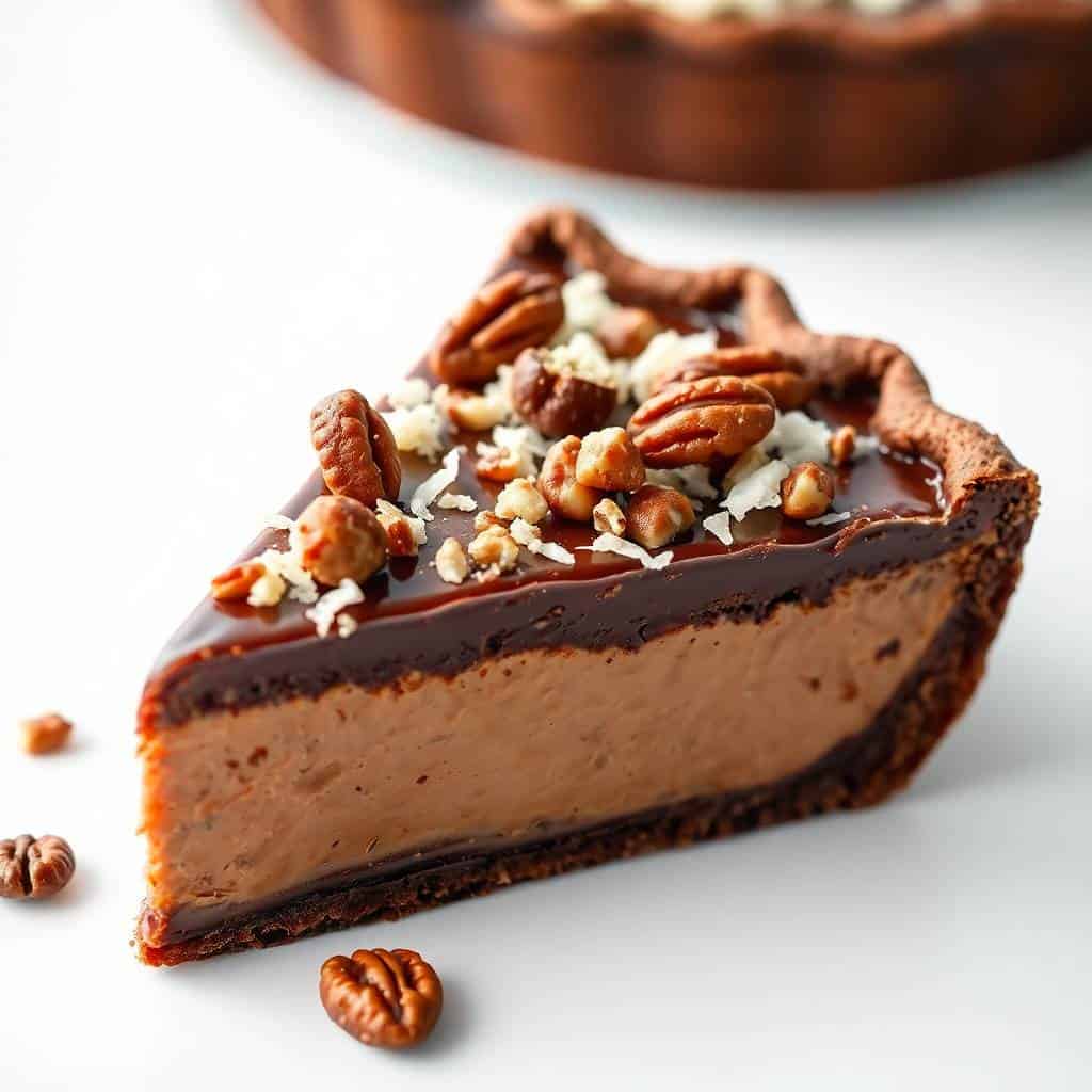 Delicious German chocolate pie with creamy filling, topped with pecans and coconut flakes.